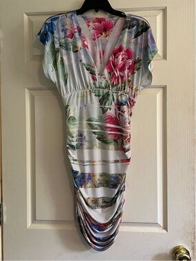 Body Central Floral One-Shoulder V-Neck Dress - White, Pink, Green, Blue